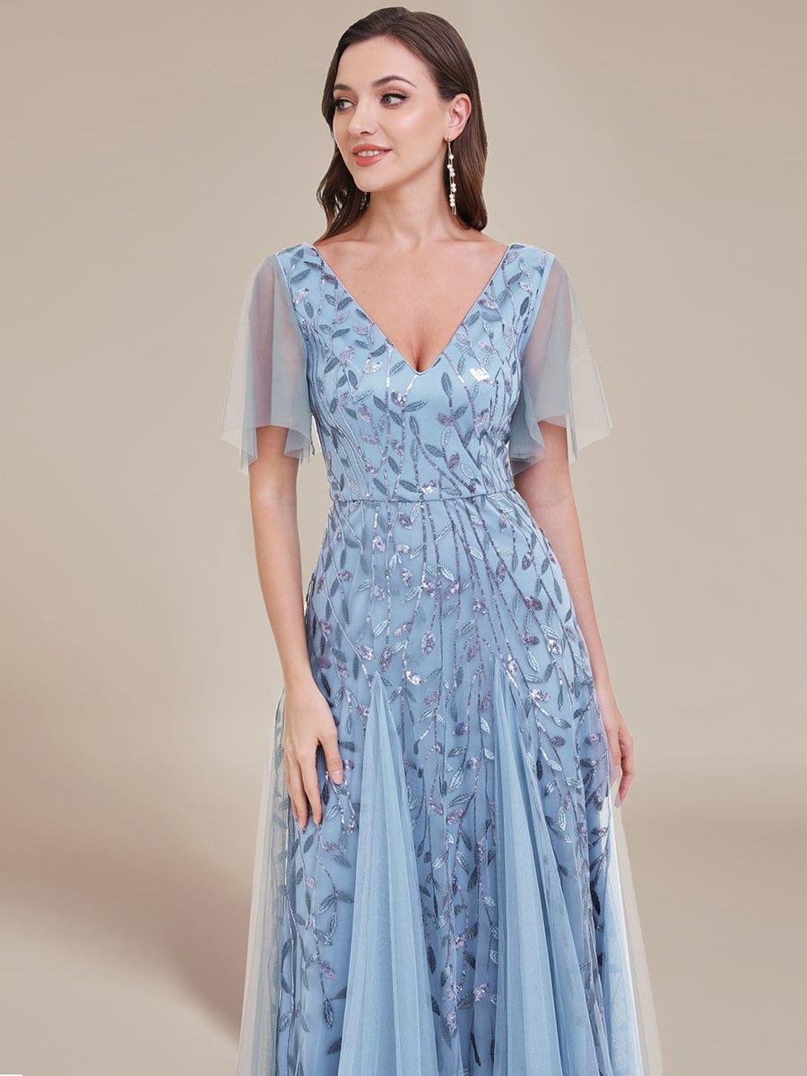 Elegant Ruffle Sleeves Maxi Sequin Mother of the Bride Dress #color_Sky Blue