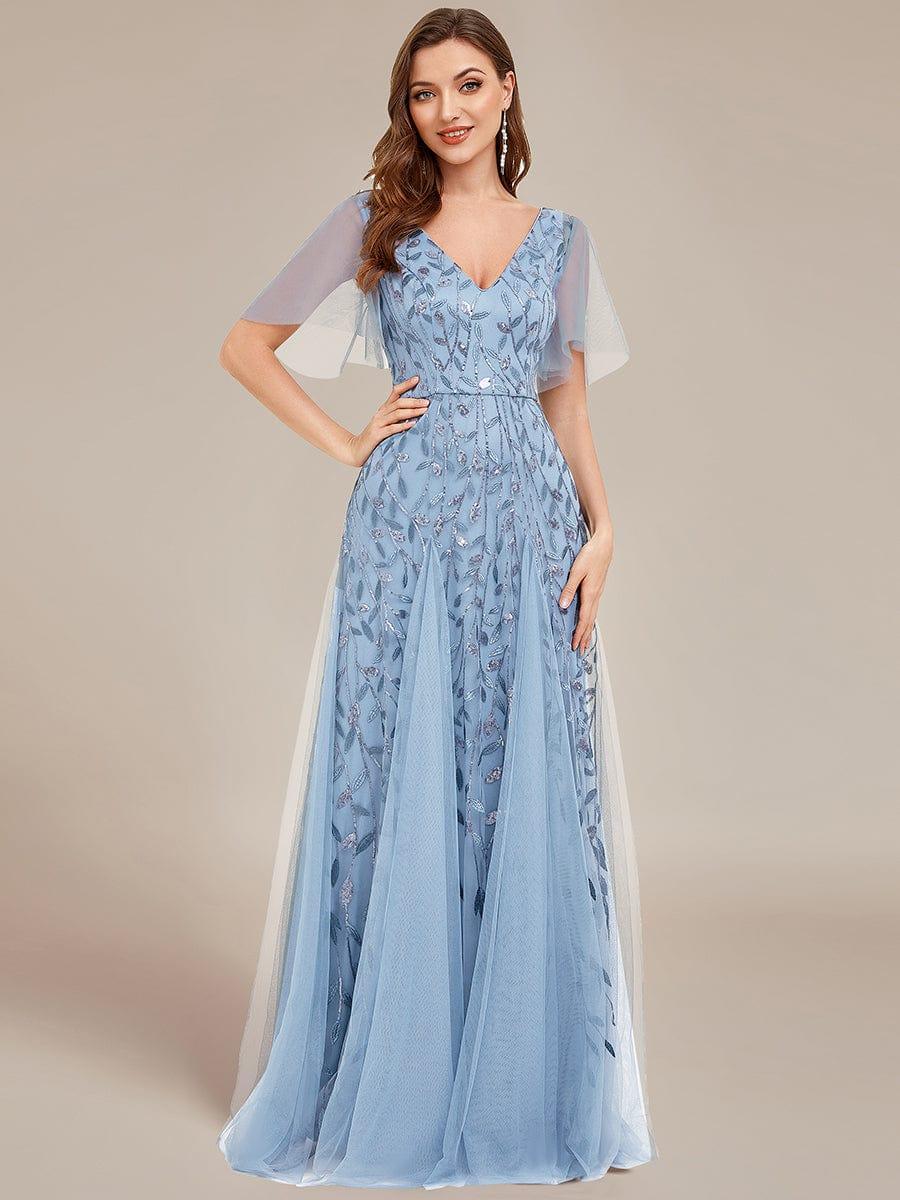 Elegant Ruffle Sleeves Maxi Sequin Mother of the Bride Dress #color_Sky Blue