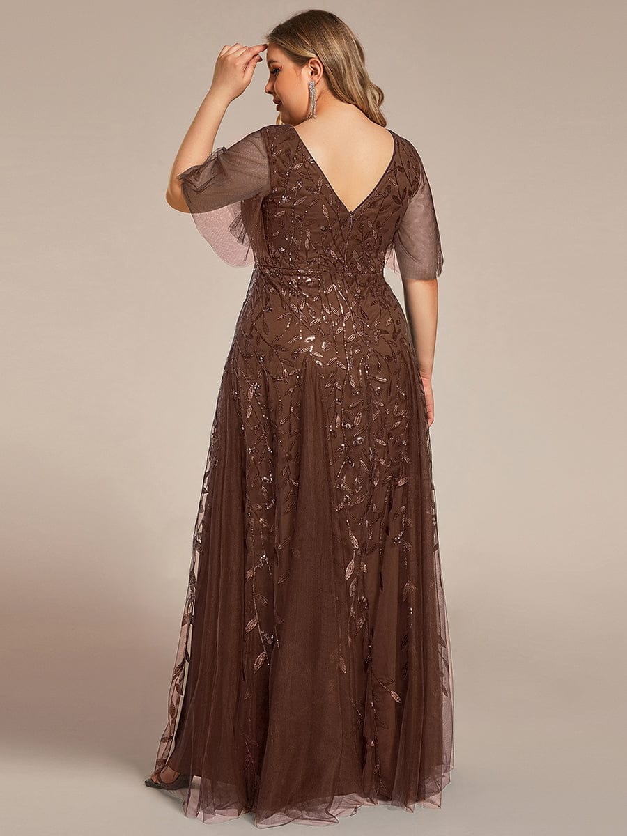 Elegant Ruffle Sleeves Maxi Sequin Mother of the Bride Dress #color_Brown