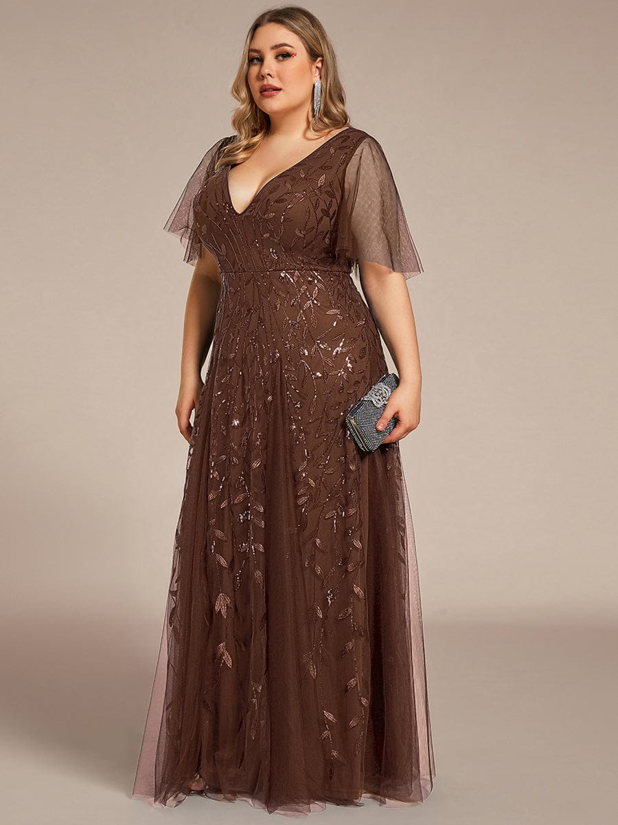 Elegant Ruffle Sleeves Maxi Sequin Mother of the Bride Dress #color_Brown