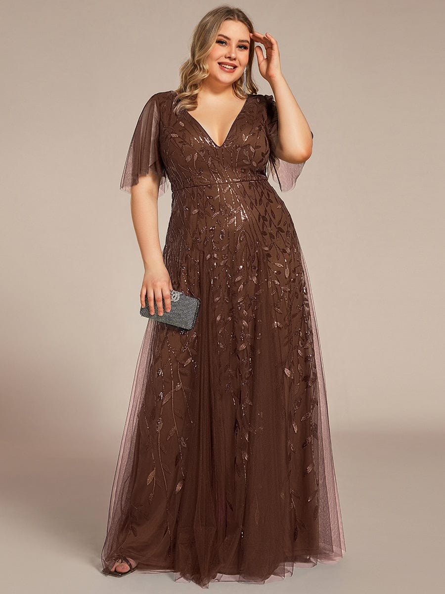 Elegant Ruffle Sleeves Maxi Sequin Mother of the Bride Dress #color_Brown