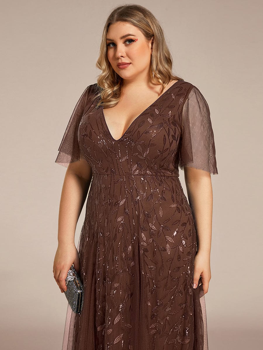 Shimmery V Neck Ruffle Sleeves Sequin Maxi Long Evening Dress #color_Brown