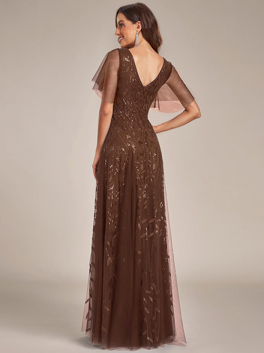 Elegant Ruffle Sleeves Maxi Sequin Mother of the Bride Dress #color_Brown