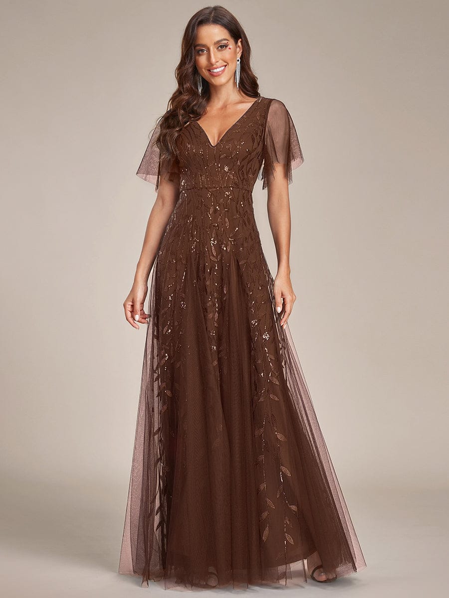 Elegant Ruffle Sleeves Maxi Sequin Mother of the Bride Dress #color_Brown