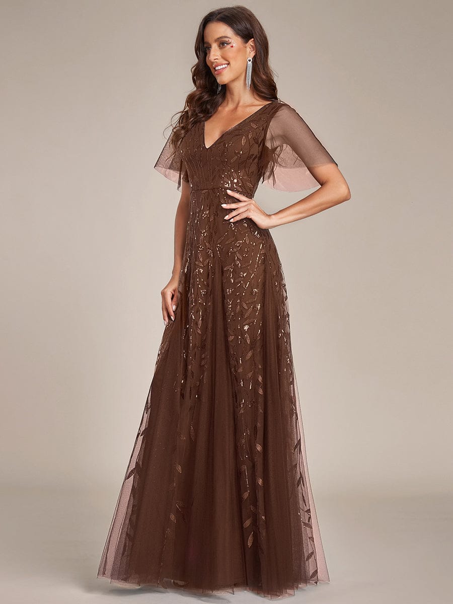 Elegant Ruffle Sleeves Maxi Sequin Mother of the Bride Dress #color_Brown