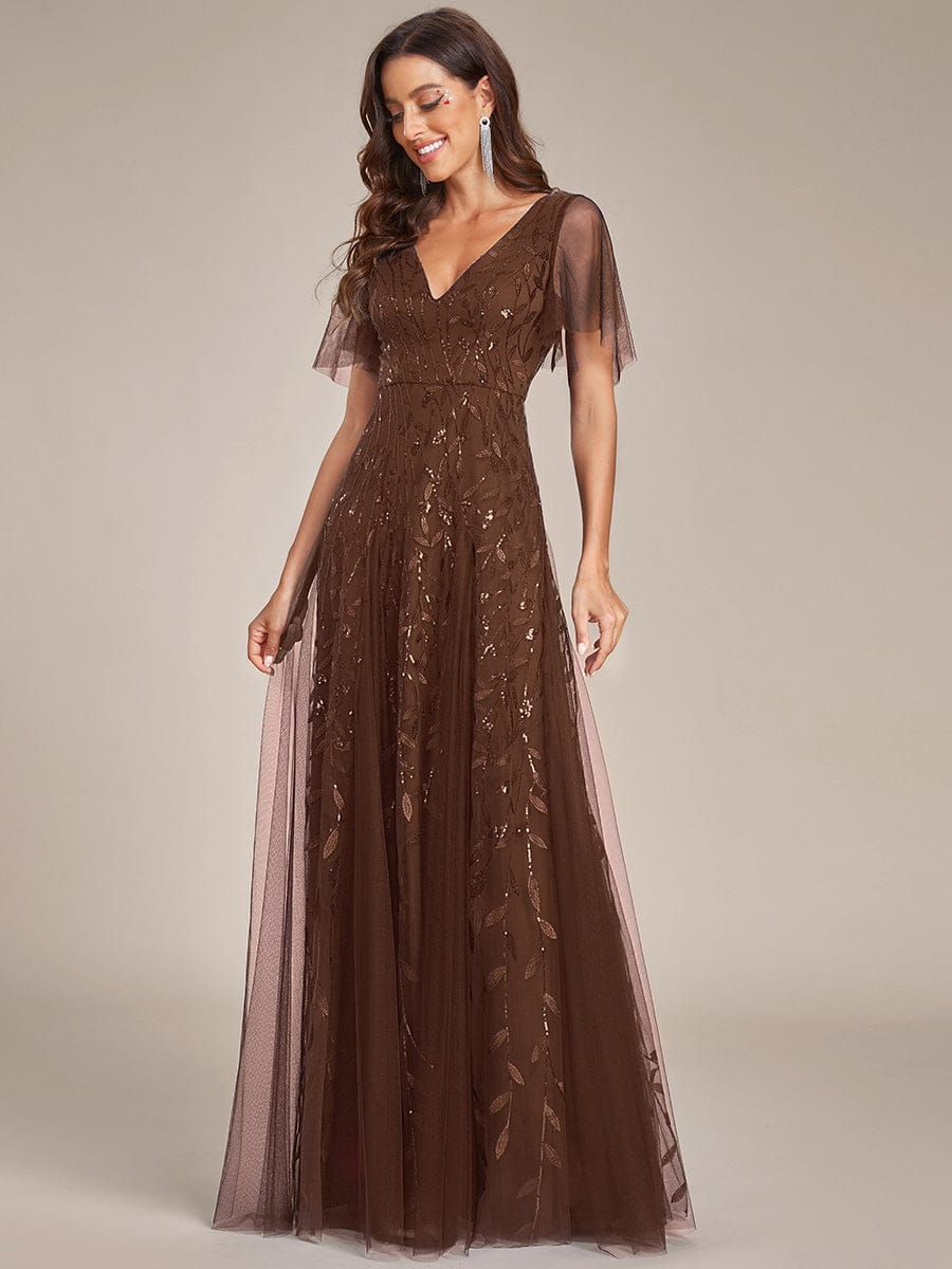 Shimmery V Neck Ruffle Sleeves Sequin Maxi Long Evening Dress #color_Brown