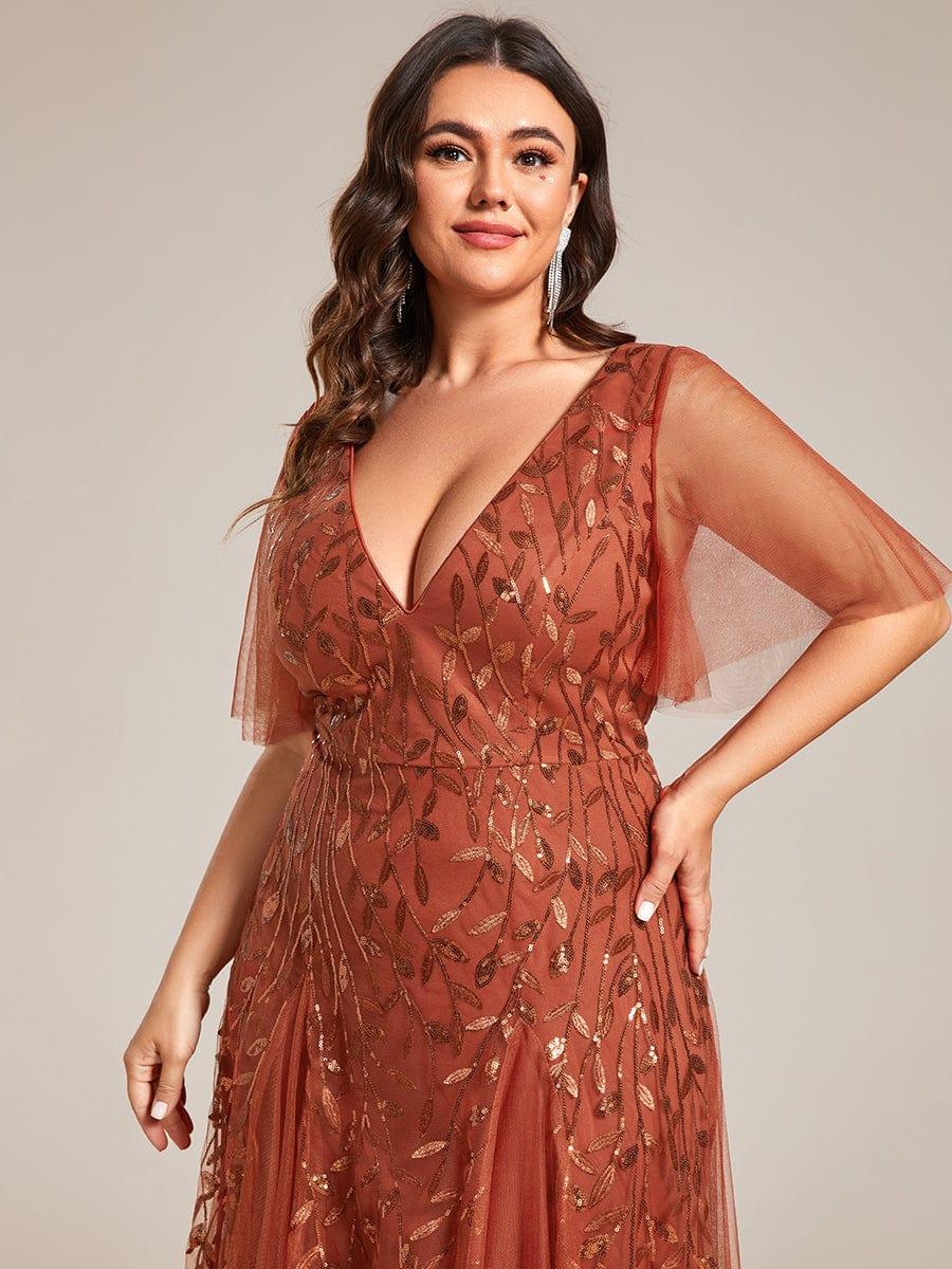 Elegant Ruffle Sleeves Maxi Sequin Mother of the Bride Dress #color_Burnt Orange