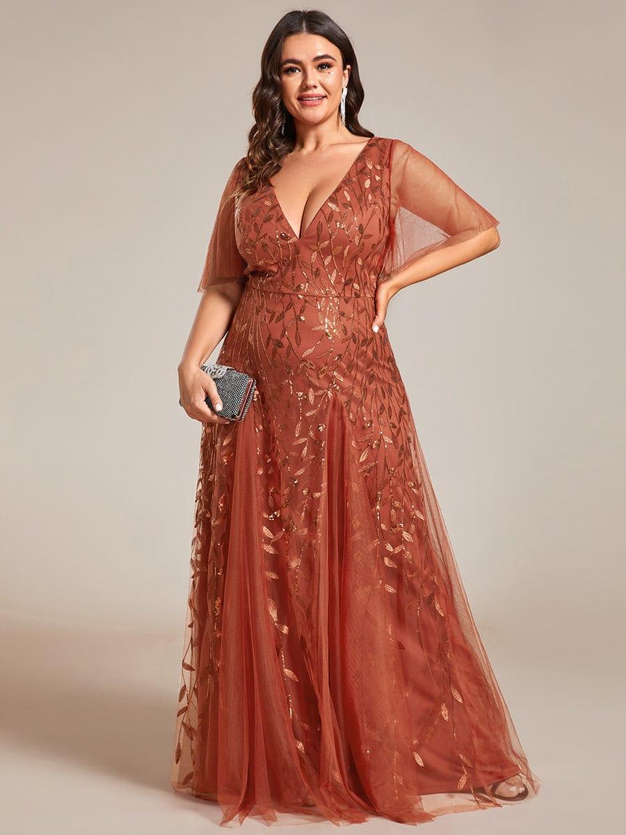 Elegant Ruffle Sleeves Maxi Sequin Mother of the Bride Dress #color_Burnt Orange