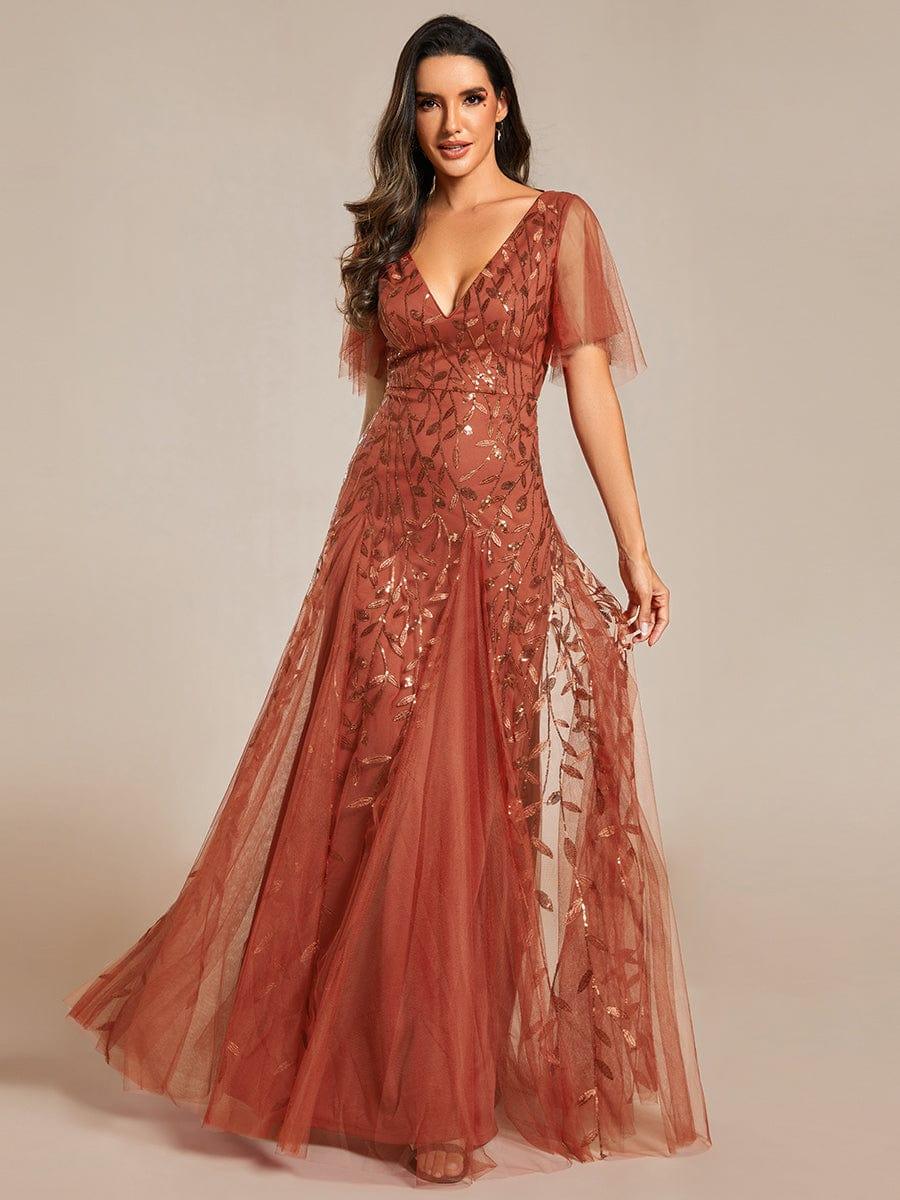 Elegant Ruffle Sleeves Maxi Sequin Mother of the Bride Dress #color_Burnt Orange