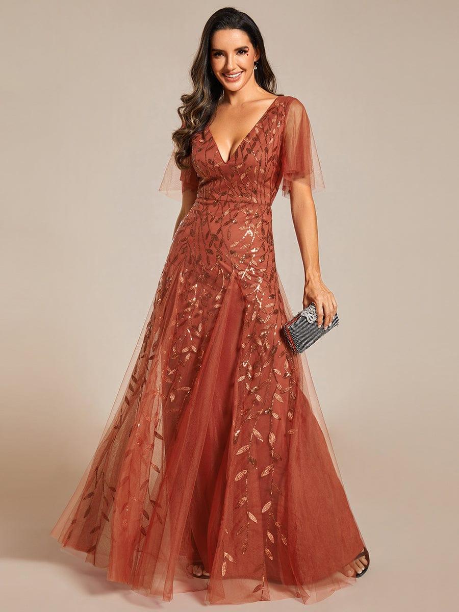 Elegant Ruffle Sleeves Maxi Sequin Mother of the Bride Dress #color_Burnt Orange