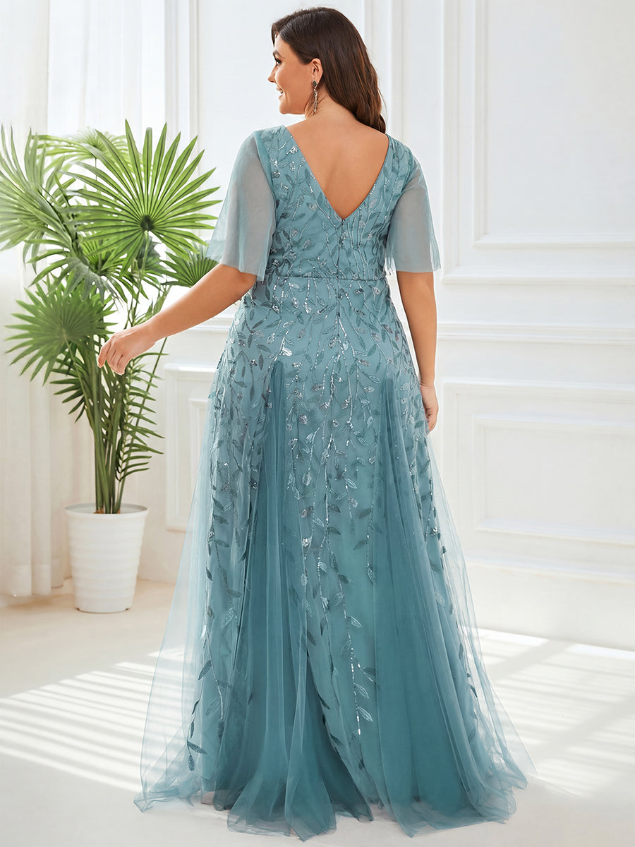 Shimmery V Neck Ruffle Sleeves Sequin Maxi Long Evening Dress #color_Light Teal