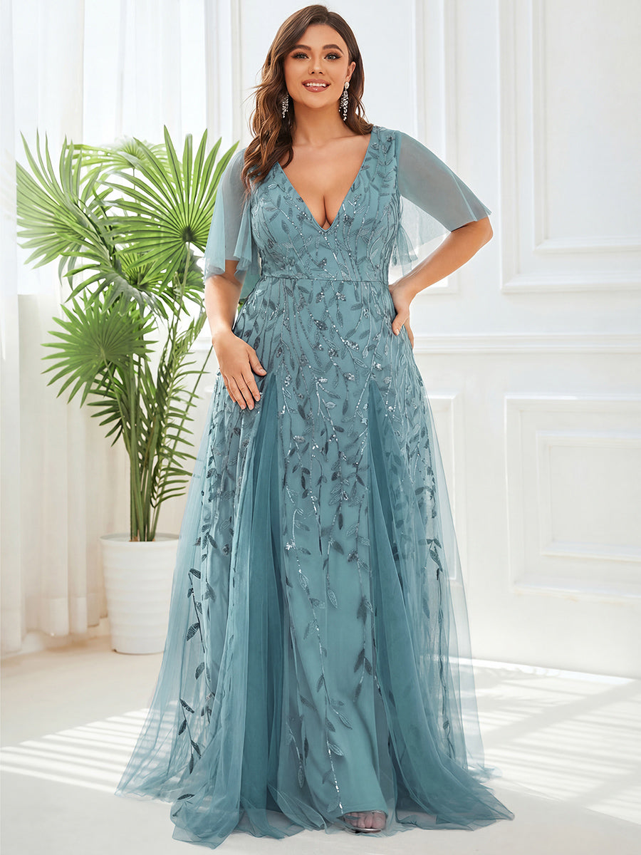 Shimmery V Neck Ruffle Sleeves Sequin Maxi Long Evening Dress #color_Light Teal