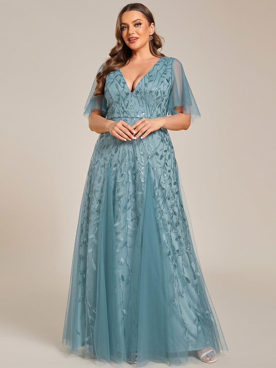 Elegant Ruffle Sleeves Maxi Sequin Mother of the Bride Dress #color_Light Teal