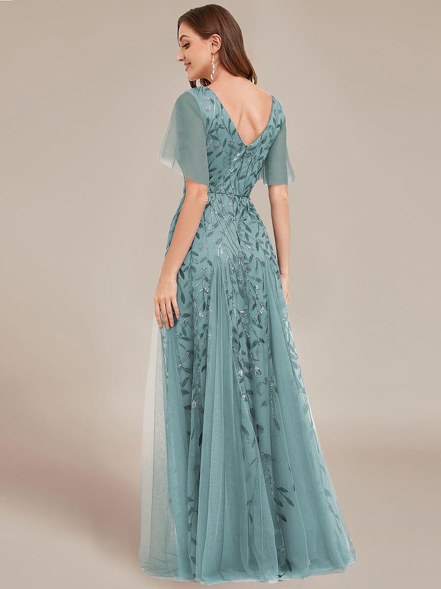 Elegant Ruffle Sleeves Maxi Sequin Mother of the Bride Dress #color_Light Teal