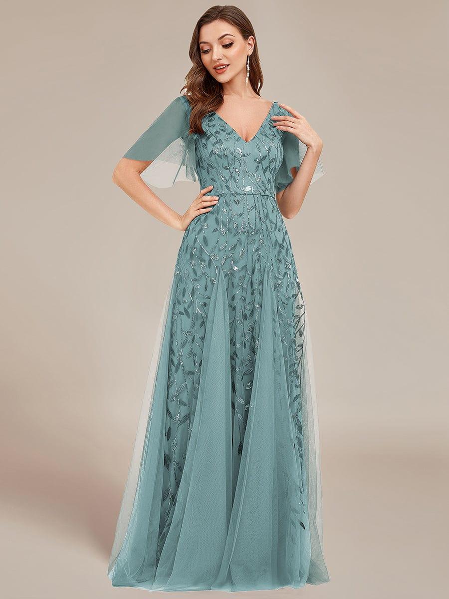 Shimmery V Neck Ruffle Sleeves Sequin Maxi Long Evening Dress #color_Light Teal