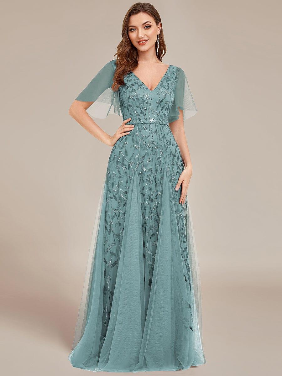 Elegant Ruffle Sleeves Maxi Sequin Mother of the Bride Dress #color_Light Teal