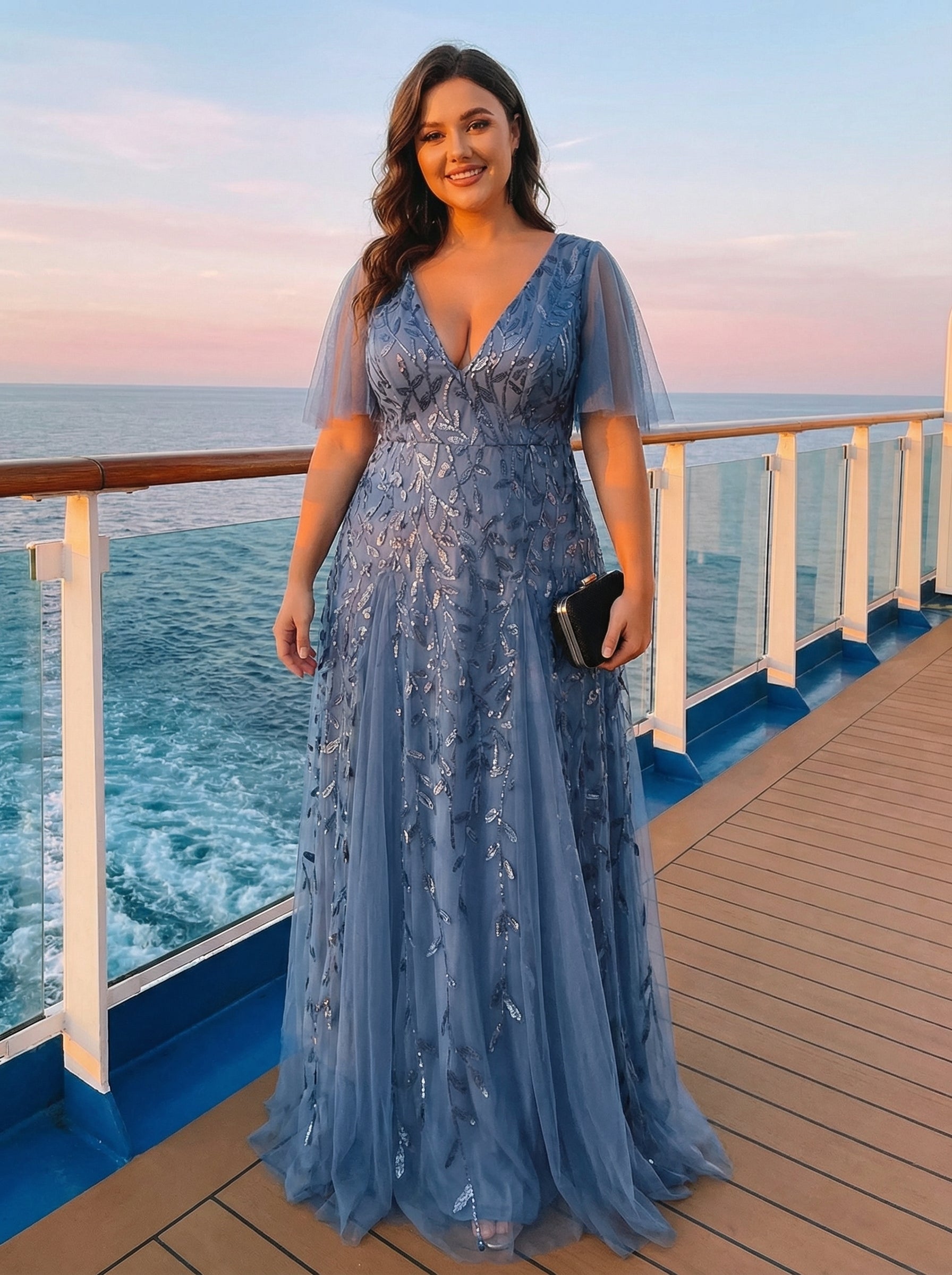 Shimmery V Neck Ruffle Sleeves Sequin Maxi Long Evening Dress #color_Dusty Blue