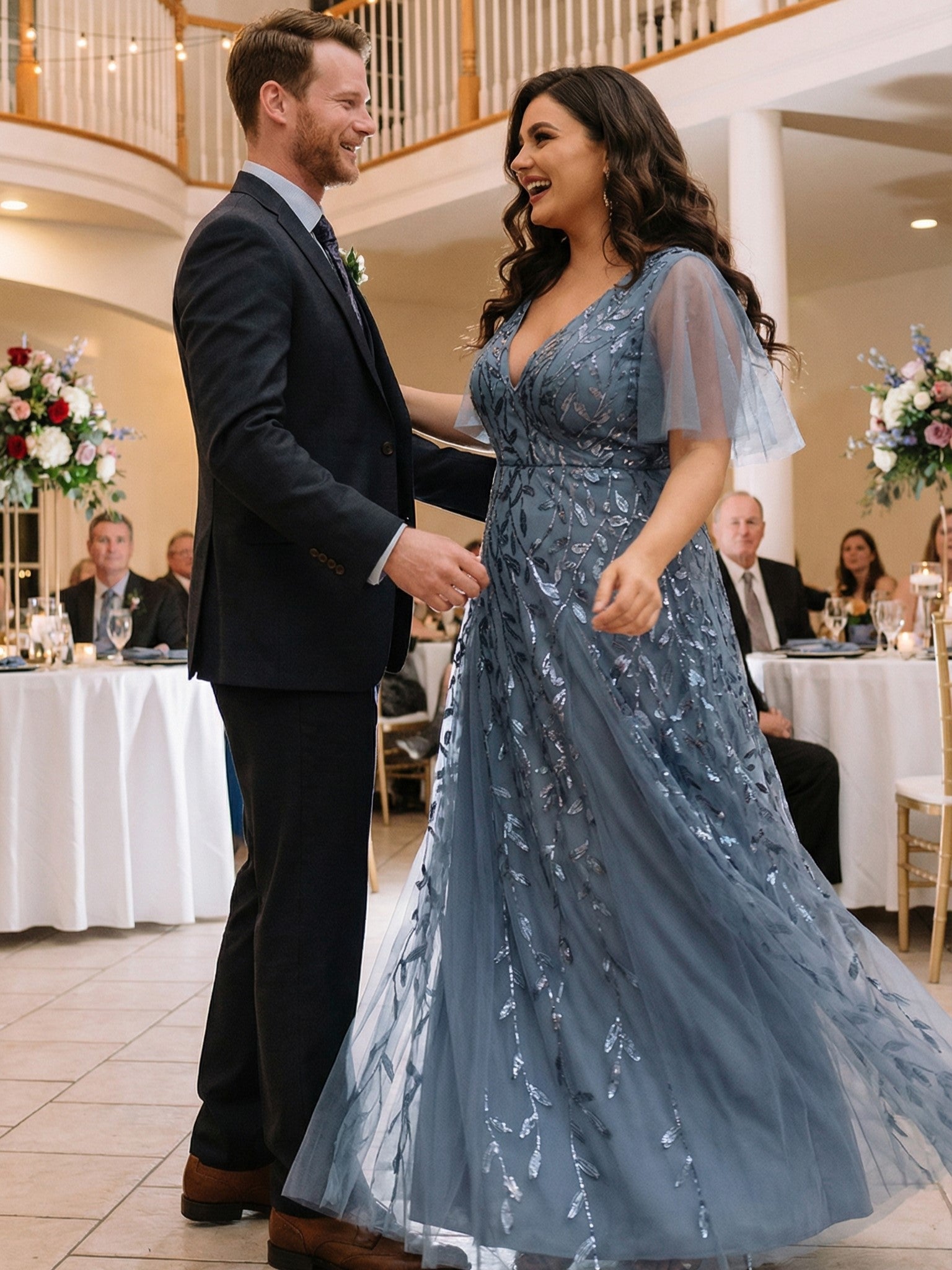 Shimmery V Neck Ruffle Sleeves Sequin Maxi Long Evening Dress #color_Dusty Blue