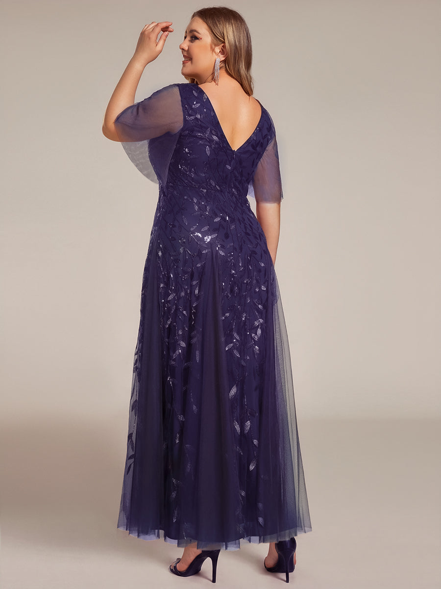 Shimmery V Neck Ruffle Sleeves Sequin Maxi Long Evening Dress #color_Dark Purple