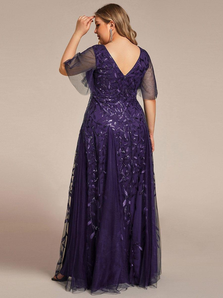 Elegant Ruffle Sleeves Maxi Sequin Mother of the Bride Dress #color_Dark Purple