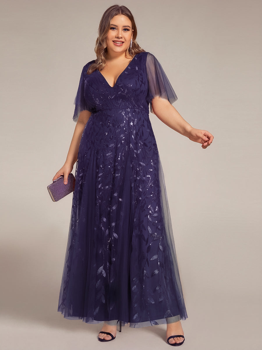 Shimmery V Neck Ruffle Sleeves Sequin Maxi Long Evening Dress #color_Dark Purple
