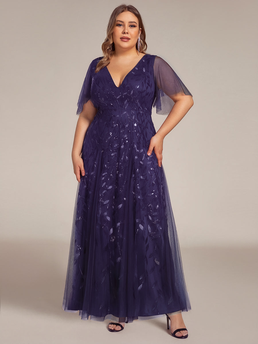 Shimmery V Neck Ruffle Sleeves Sequin Maxi Long Evening Dress #color_Dark Purple