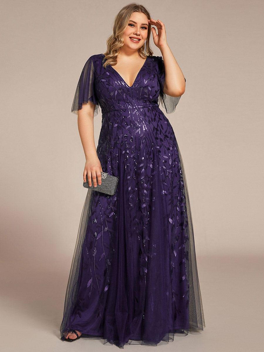 Elegant Ruffle Sleeves Maxi Sequin Mother of the Bride Dress #color_Dark Purple