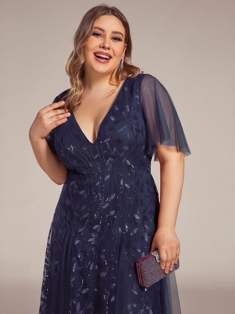 Shimmery V Neck Ruffle Sleeves Sequin Maxi Long Evening Dress #color_Dark Purple