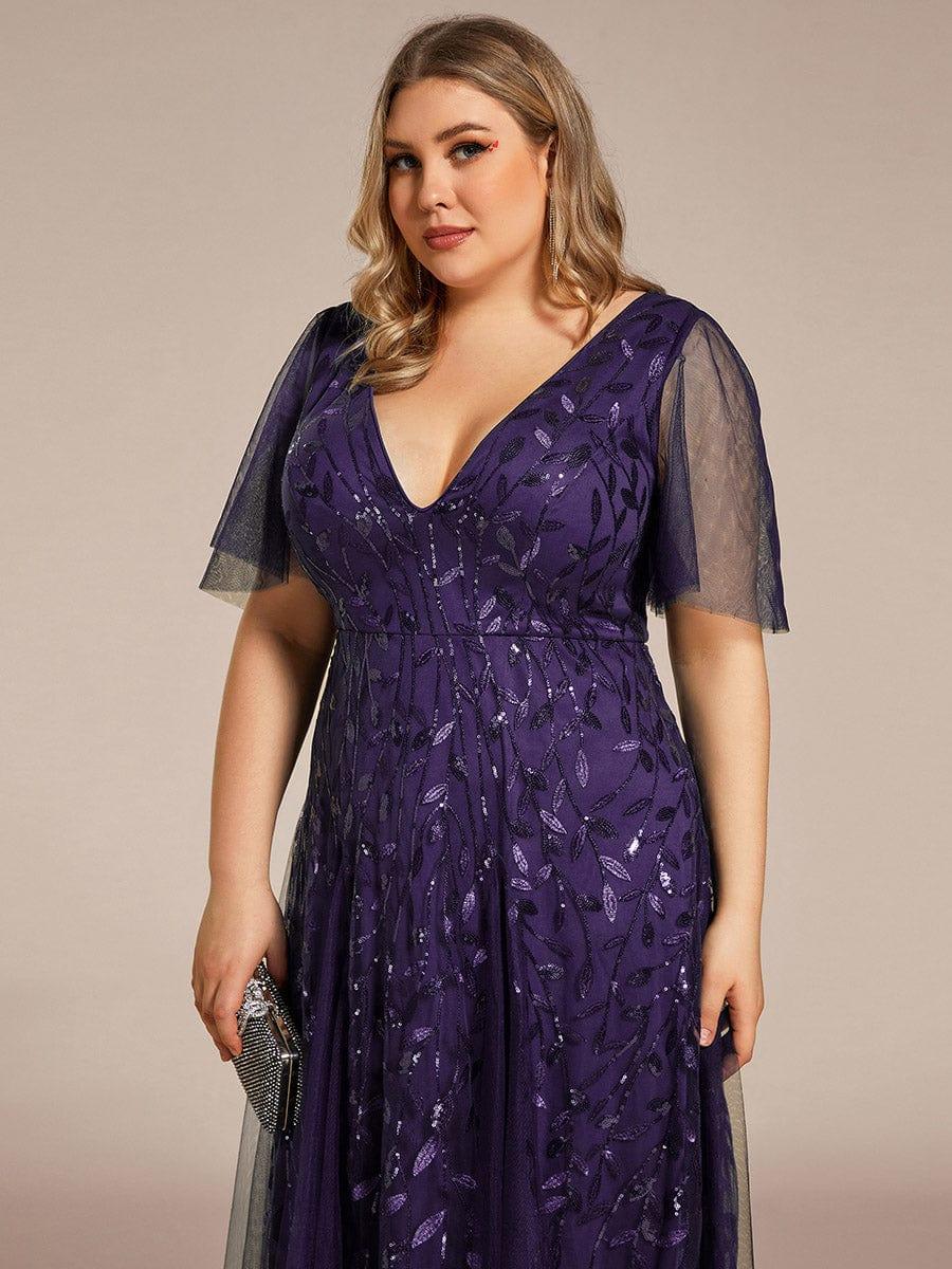 Elegant Ruffle Sleeves Maxi Sequin Mother of the Bride Dress #color_Dark Purple