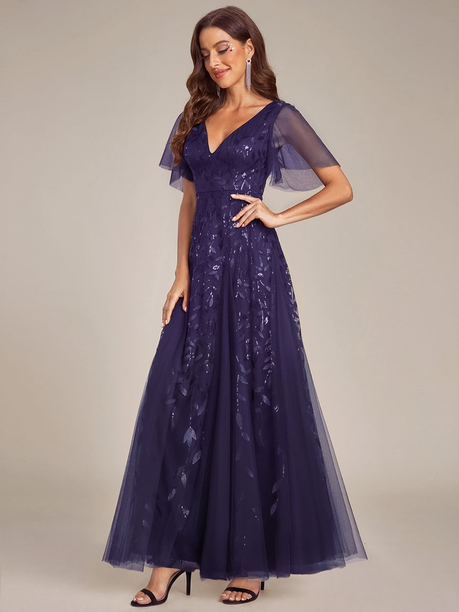 Shimmery V Neck Ruffle Sleeves Sequin Maxi Long Evening Dress #color_Dark Purple