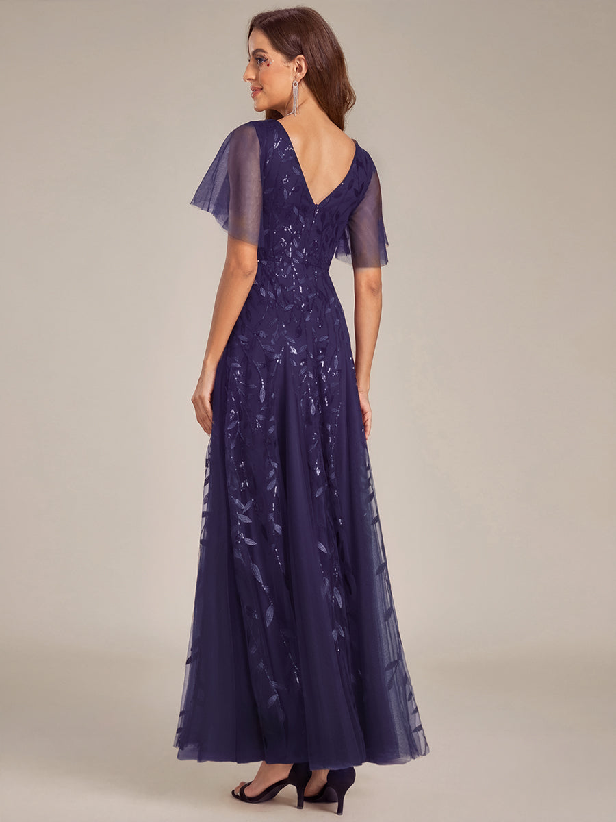 Shimmery V Neck Ruffle Sleeves Sequin Maxi Long Evening Dress #color_Dark Purple