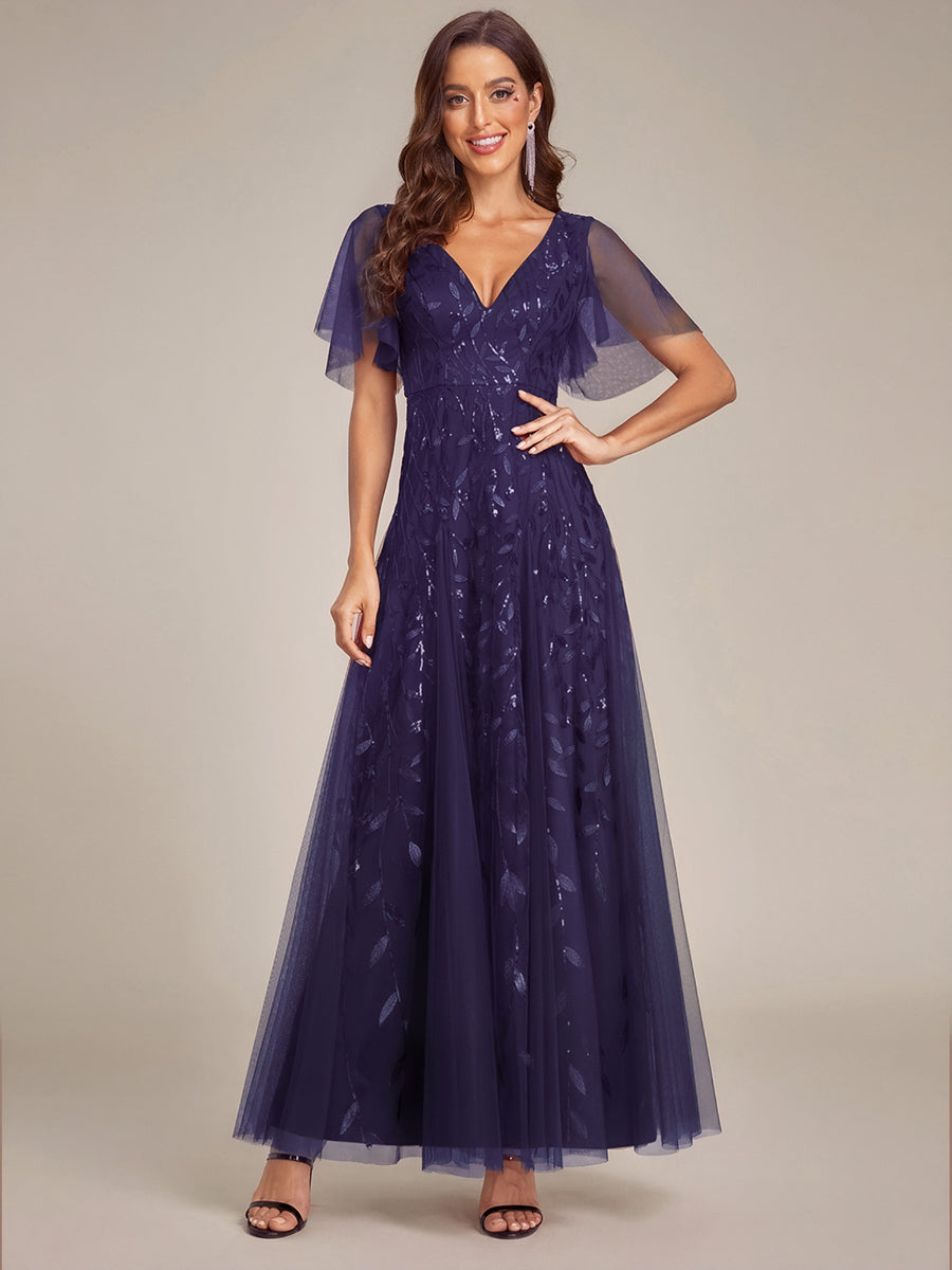 Shimmery V Neck Ruffle Sleeves Sequin Maxi Long Evening Dress #color_Dark Purple