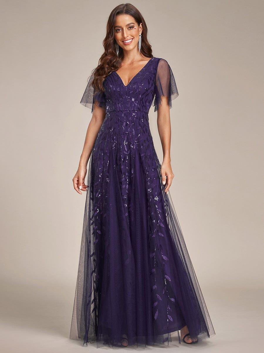 Elegant Ruffle Sleeves Maxi Sequin Mother of the Bride Dress #color_Dark Purple