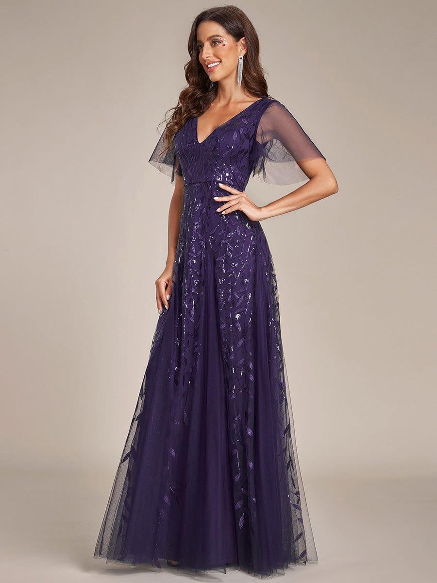 Shimmery V Neck Ruffle Sleeves Sequin Maxi Long Evening Dress #color_Dark Purple