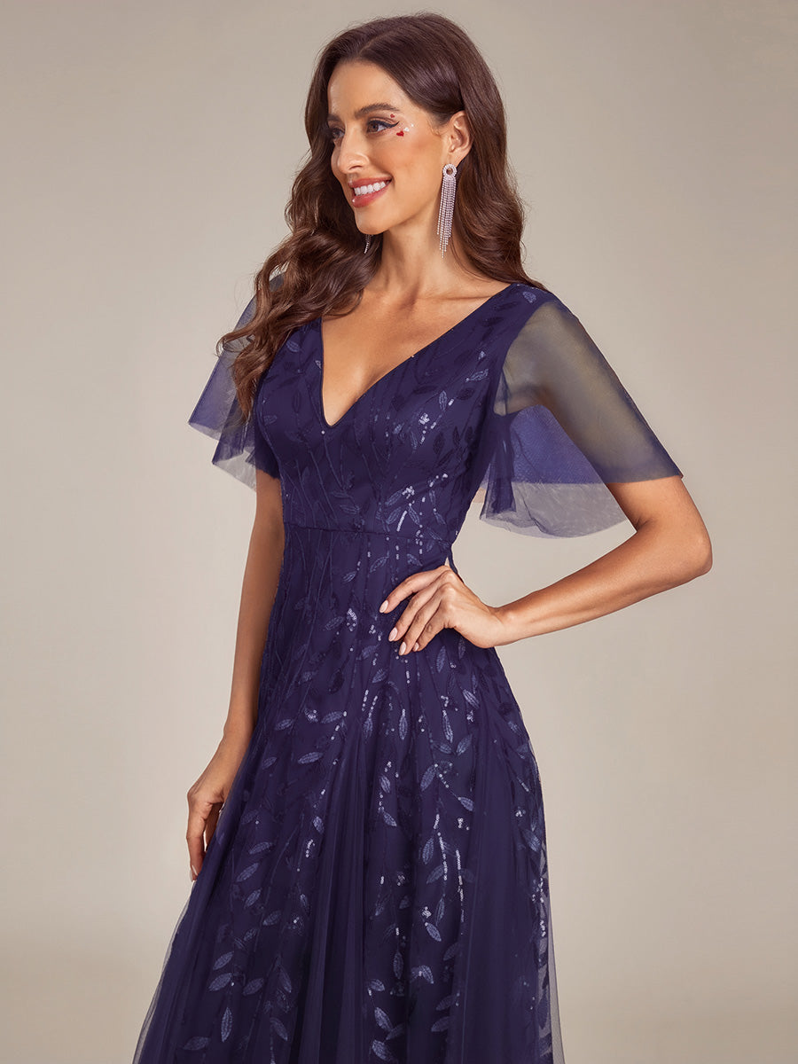Shimmery V Neck Ruffle Sleeves Sequin Maxi Long Evening Dress #color_Dark Purple