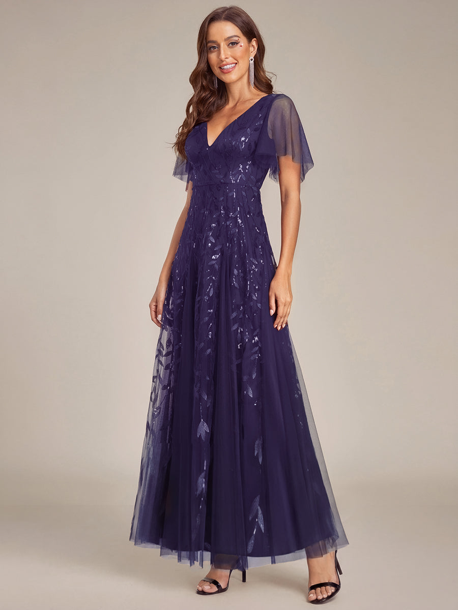 Shimmery V Neck Ruffle Sleeves Sequin Maxi Long Evening Dress #color_Dark Purple