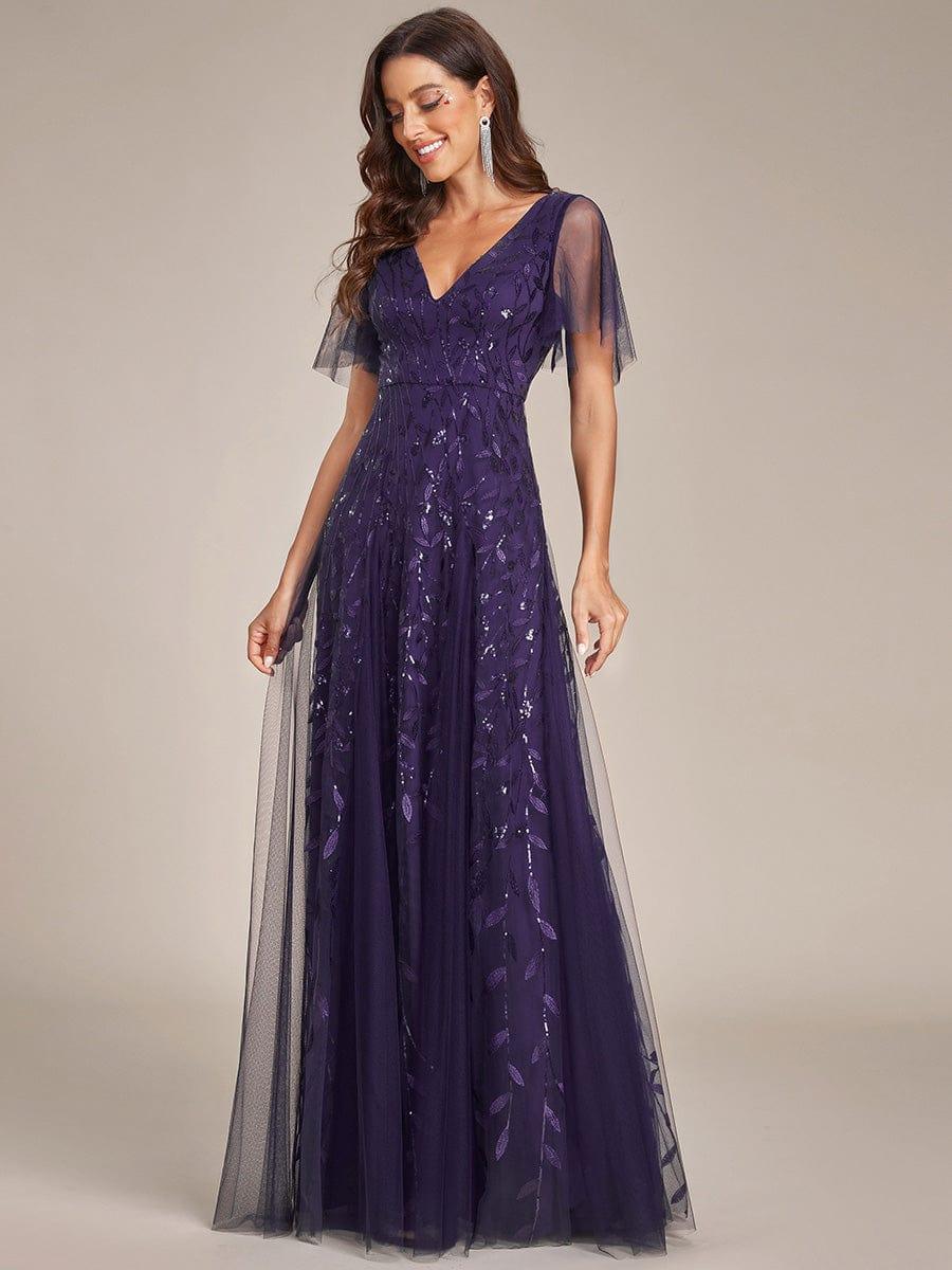 Elegant Ruffle Sleeves Maxi Sequin Mother of the Bride Dress #color_Dark Purple