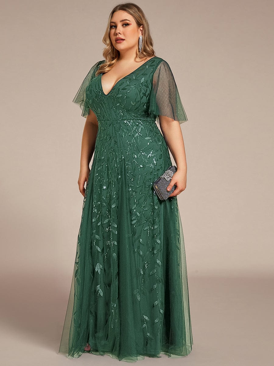Elegant Ruffle Sleeves Maxi Sequin Mother of the Bride Dress #color_Eucalyptus