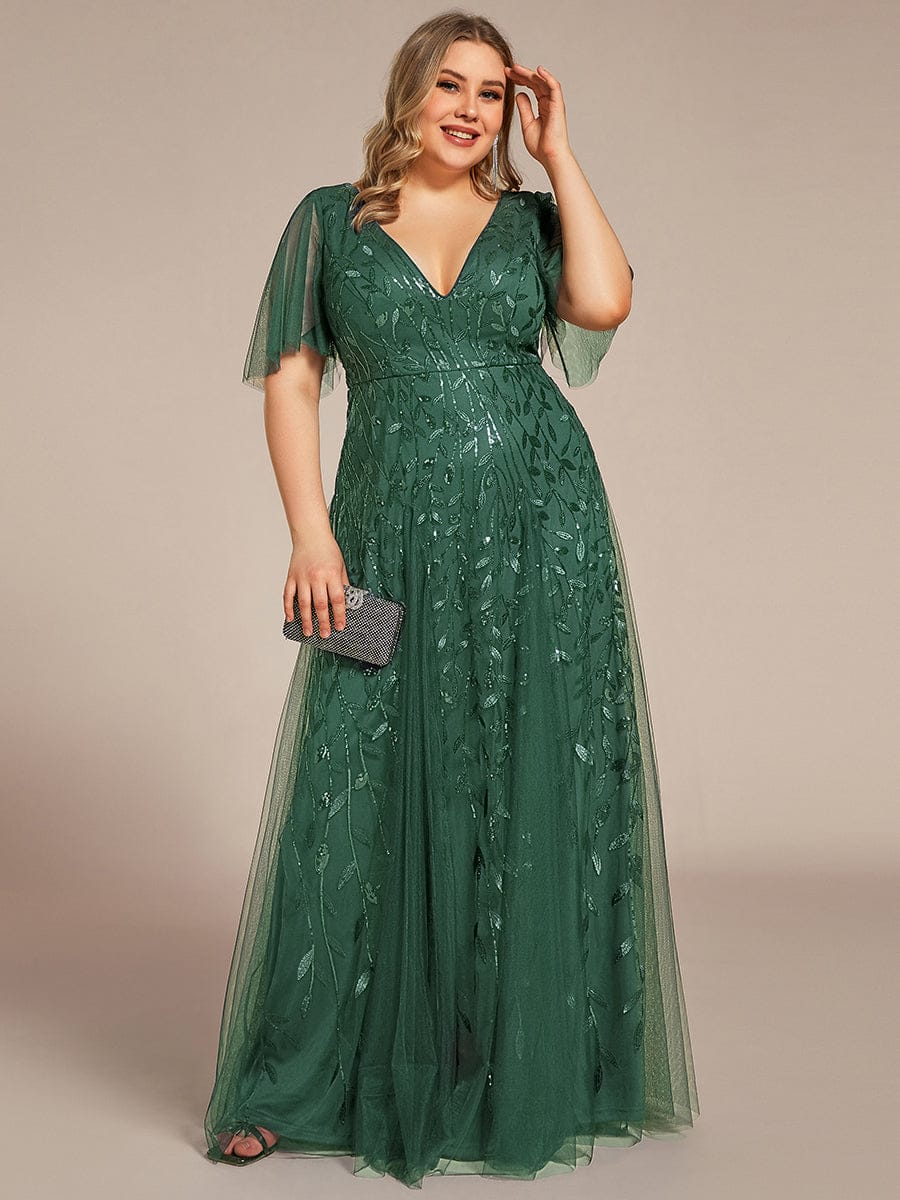 Elegant Ruffle Sleeves Maxi Sequin Mother of the Bride Dress #color_Eucalyptus