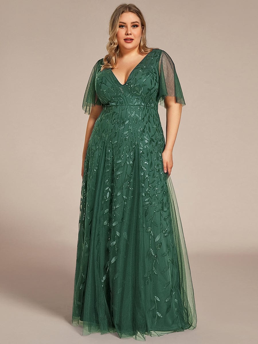 Elegant Ruffle Sleeves Maxi Sequin Mother of the Bride Dress #color_Eucalyptus