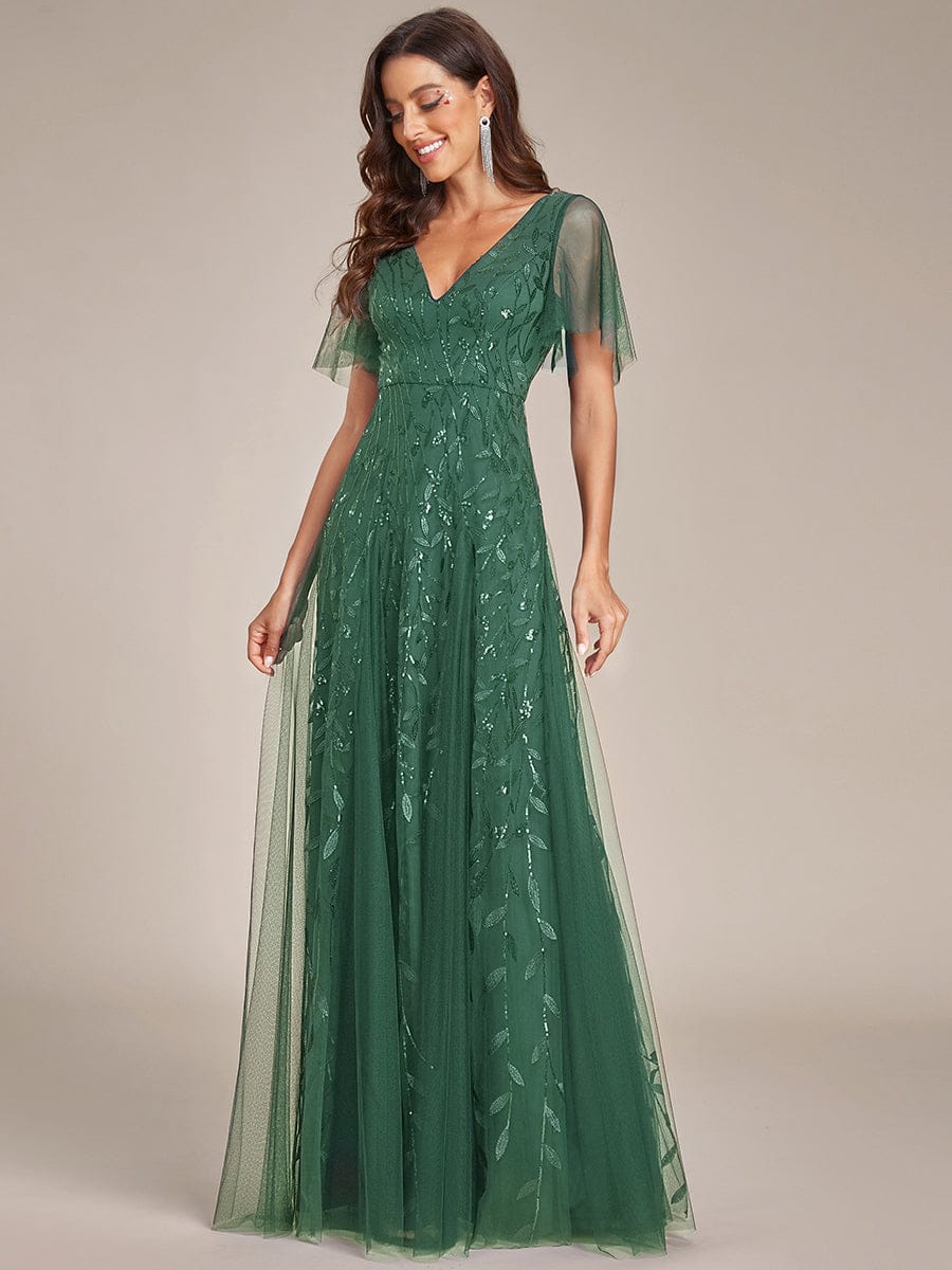 Shimmery V Neck Ruffle Sleeves Sequin Maxi Long Evening Dress #color_Eucalyptus