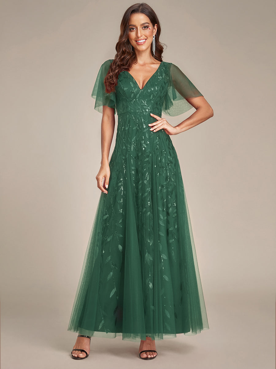 Shimmery V Neck Ruffle Sleeves Sequin Maxi Long Evening Dress #color_Eucalyptus
