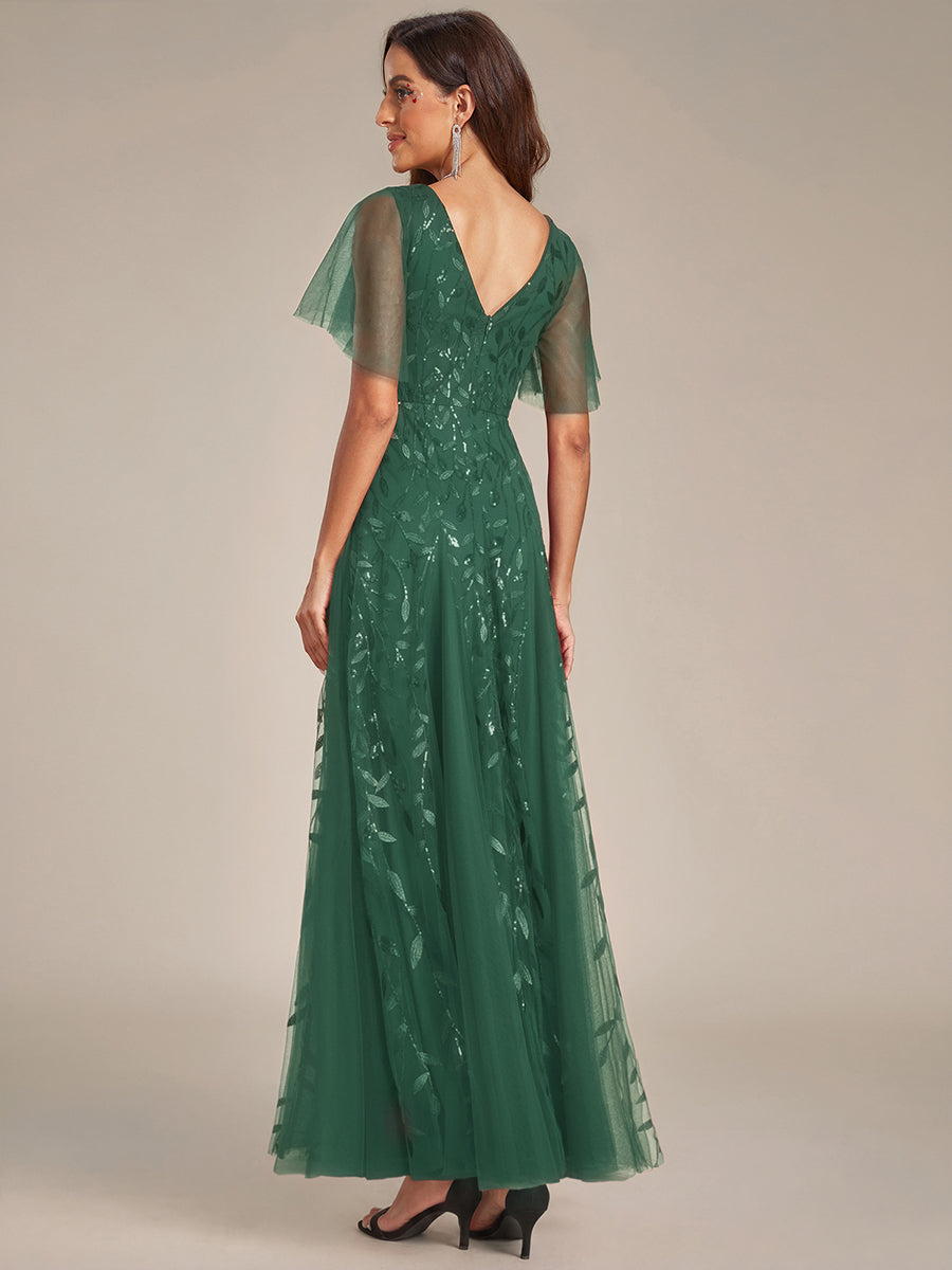 Shimmery V Neck Ruffle Sleeves Sequin Maxi Long Evening Dress #color_Eucalyptus