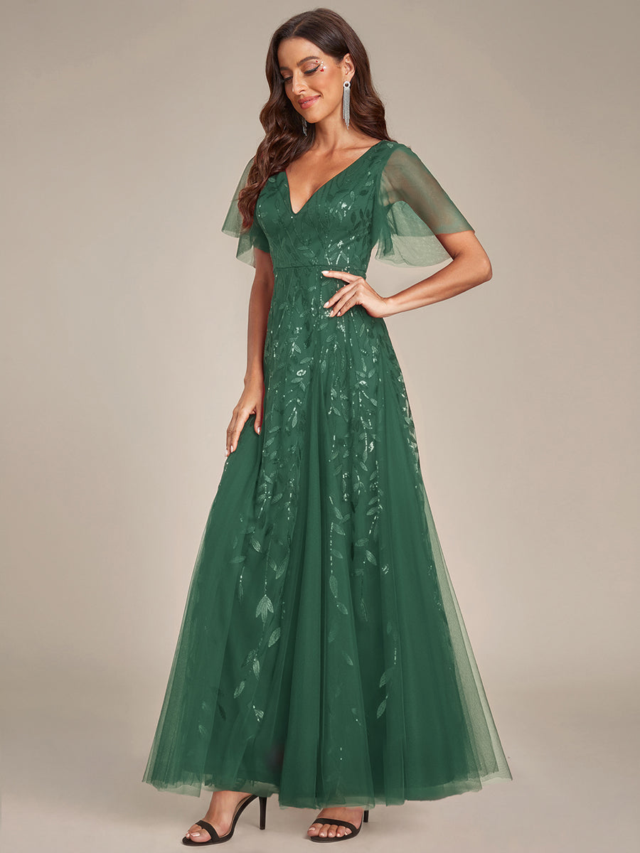 Shimmery V Neck Ruffle Sleeves Sequin Maxi Long Evening Dress #color_Eucalyptus