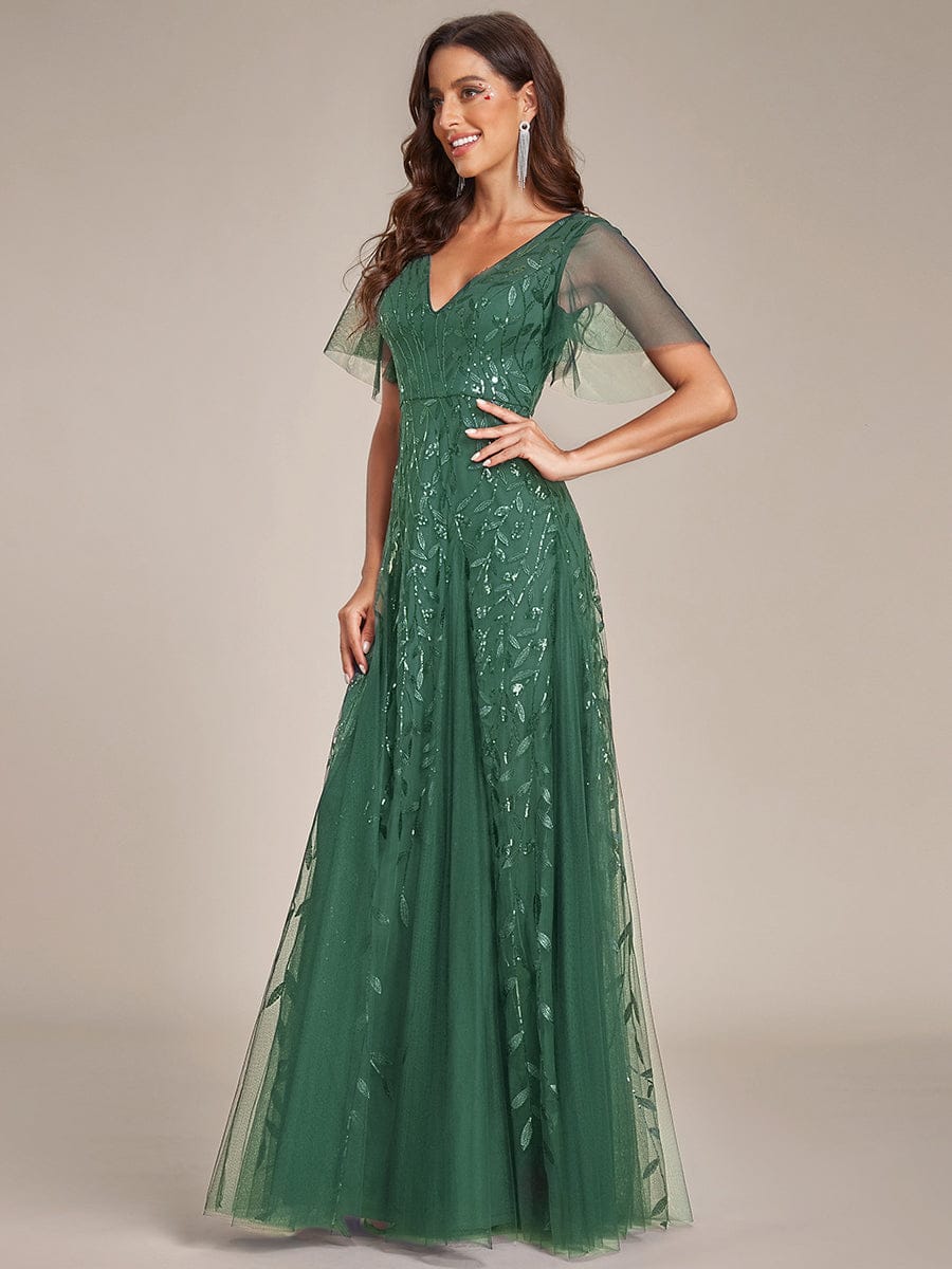 Shimmery V Neck Ruffle Sleeves Sequin Maxi Long Evening Dress #color_Eucalyptus
