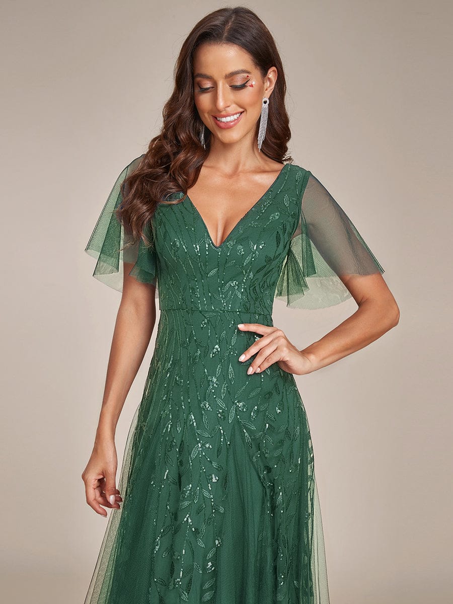 Elegant Ruffle Sleeves Maxi Sequin Mother of the Bride Dress #color_Eucalyptus