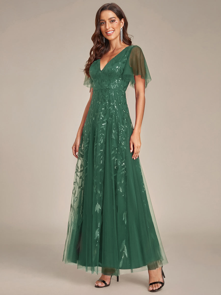 Shimmery V Neck Ruffle Sleeves Sequin Maxi Long Evening Dress #color_Eucalyptus