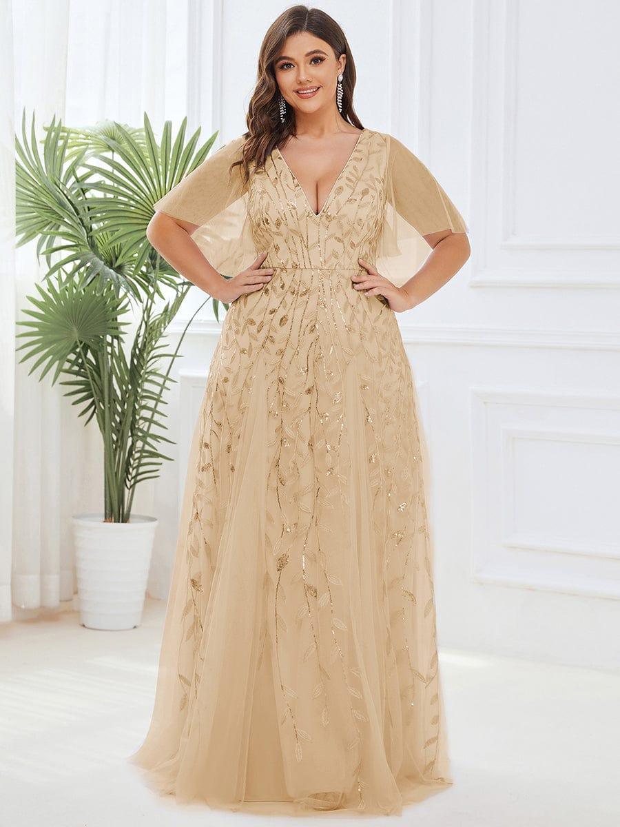 Elegant Ruffle Sleeves Maxi Sequin Mother of the Bride Dress #color_Gold