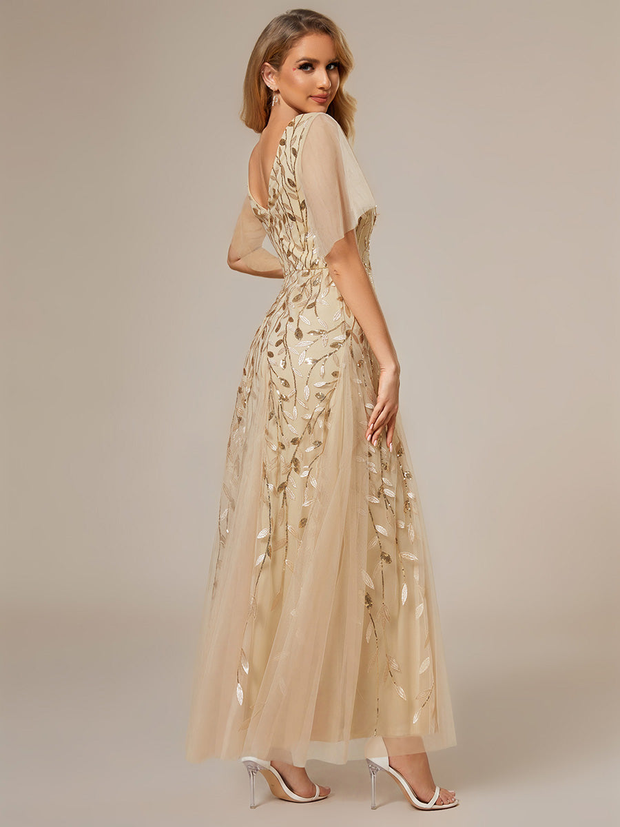Shimmery V Neck Ruffle Sleeves Sequin Maxi Long Evening Dress #color_Gold