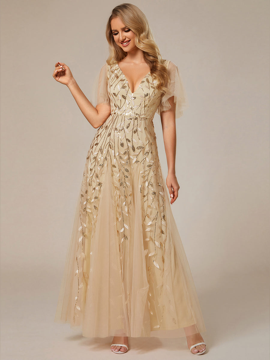 Double V Neck Sequin Leaf Bridesmaid Dress with Ruffle Sleeves